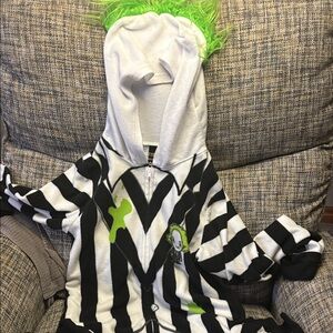 Beetlejuice Black and White Striped Hooded Onesie with Green Accents